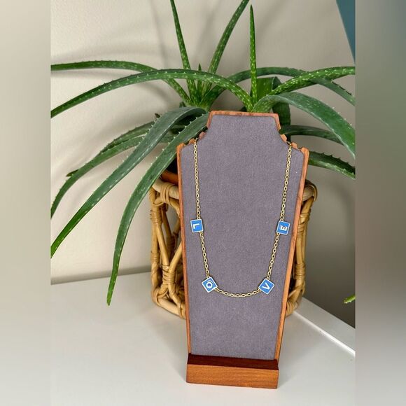 Tory Burch LOVE Necklace Gold Blue Enamel Letter Charms 18” Adjustable Chain - Picture 2 of 7